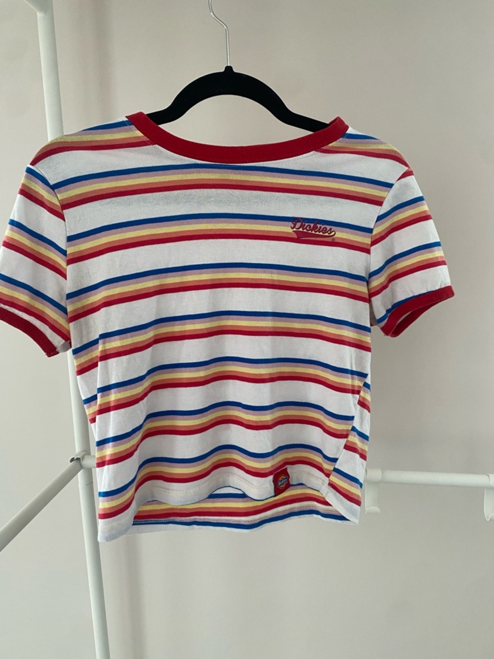 Dickies White Crop Tee with Red, Blue & Yellow Stripes
